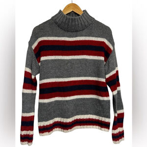 Kismet Striped Knit Mock Neck Sweater - Medium Red Grey Navy White Cozy